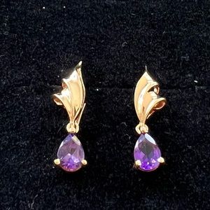 Pear shaped amethyst drop earrings in 10k yellow gold